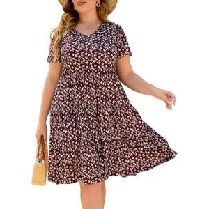 Women's Plus Size Casual Summer Tiered Dresses Short Sleeve Scoop Neck Ruffle H